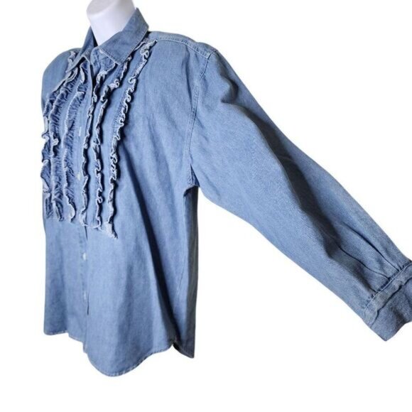 Vintage 90s Denim Tuxedo Ruffle Button Up Western Shirt Womens M Blue - Picture 3 of 7